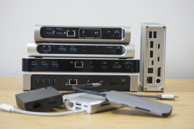 Image showing an assortment of USB-C docks and dongles